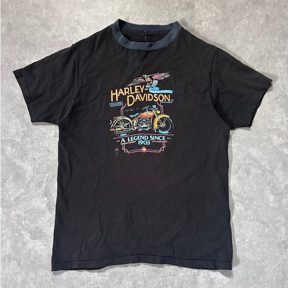90s Vintage Harley Davidson 1930 Model "74" 3D Emblem Faded Black T Shirt Size L